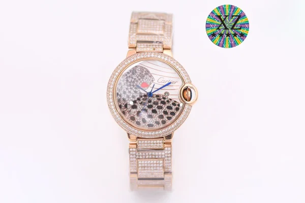 Cartier Ballon Bleu de Cartier 36mm Full Diamond Series Watch - Rose Gold with Leopard Dial and Austrian Diamonds