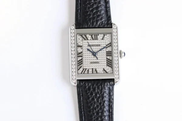 Cartier Tank MK3 Women's Automatic Mechanical Watch - Silver with Diamond Bezel, Black Leather Strap