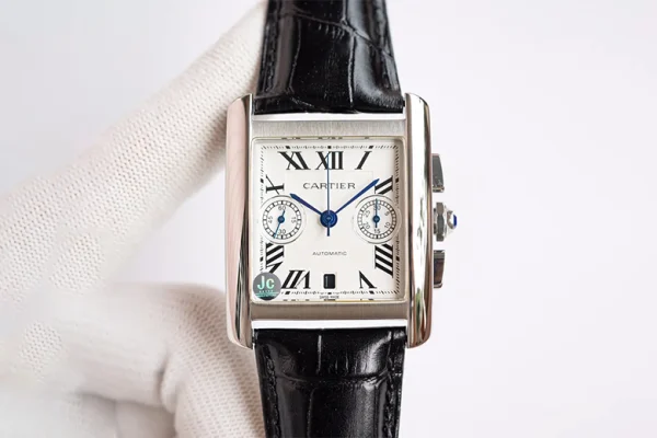 Cartier Tank Series W5330007 Silver Stainless Steel Watch with Black Leather Strap and Blue Sub-dials